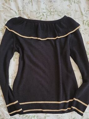 Black Off-Shoulder Sweater with Gold Trim